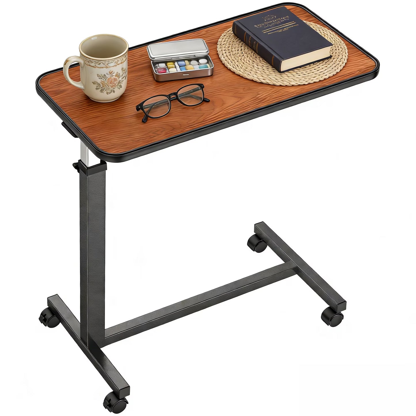 KEKOY Overbed Table with Wheels, Pneumatic Height Adjustable Bedside Table for Bed for Elderly, Rolling Bed Tray Table for Eating & Reading, Stable Support for Hospital and Home Care