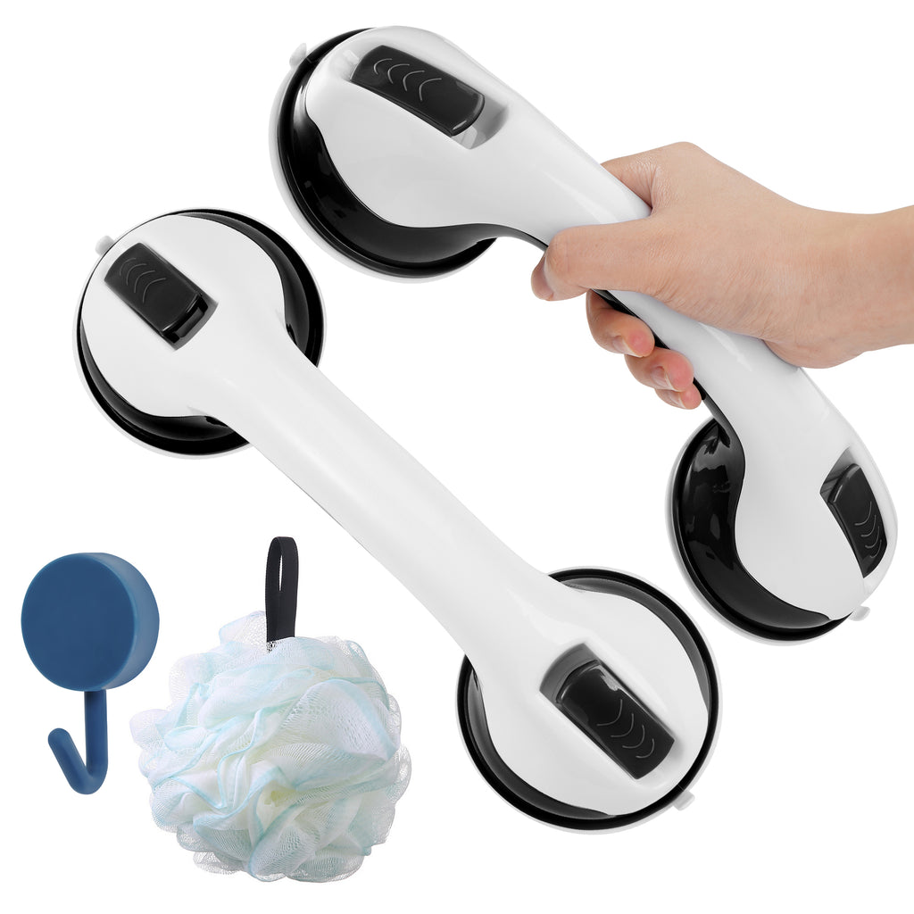 KEKOY 2 Pack Shower Handles for Elderly, Grab Bars for Bathroom, 12" Suction Bath Tub Hand Rail, Anti-Slip Safety Bar with Shower Pouf and Hook