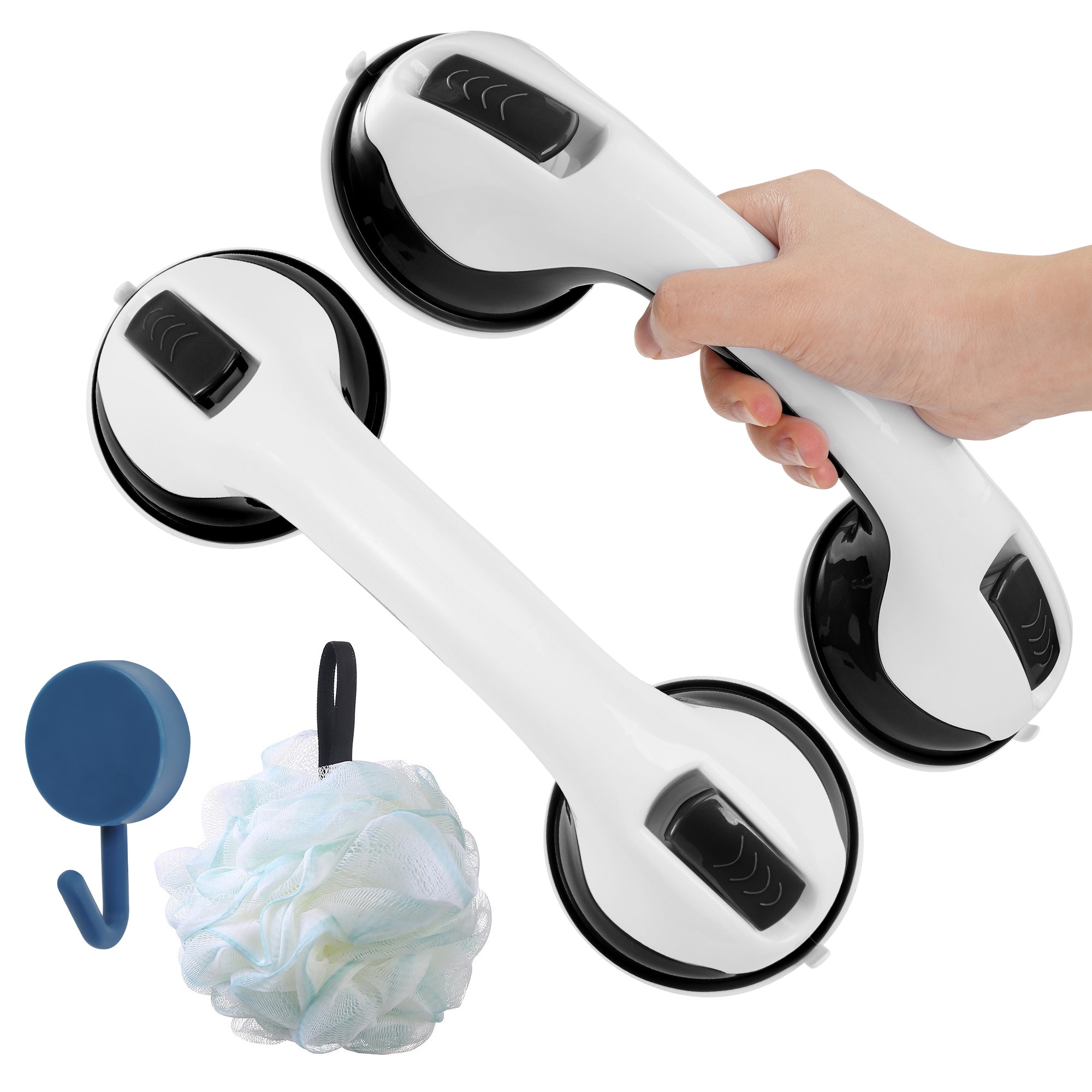 KEKOY 2 Pack Shower Handles for Elderly, Grab Bars for Bathroom, 12" Suction Bath Tub Hand Rail, Anti-Slip Safety Bar with Shower Pouf and Hook