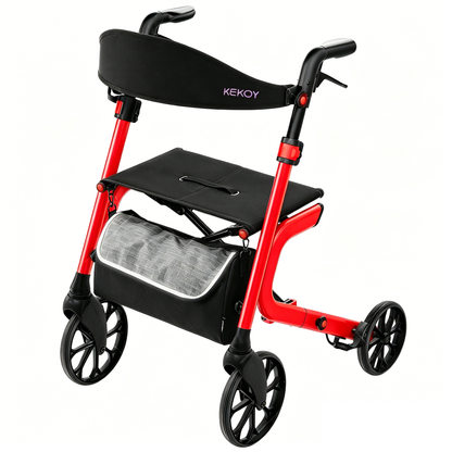 Kekoy Rollator Walker with Seat for Seniors – Foldable Walker for Seniors 400 lbs, Reinforced K-Frame, Hidden Brake Cables, 10" TPR All-Terrain Wheels, 8-Level Adjustable Height, Soft Cushioned Seat, Red