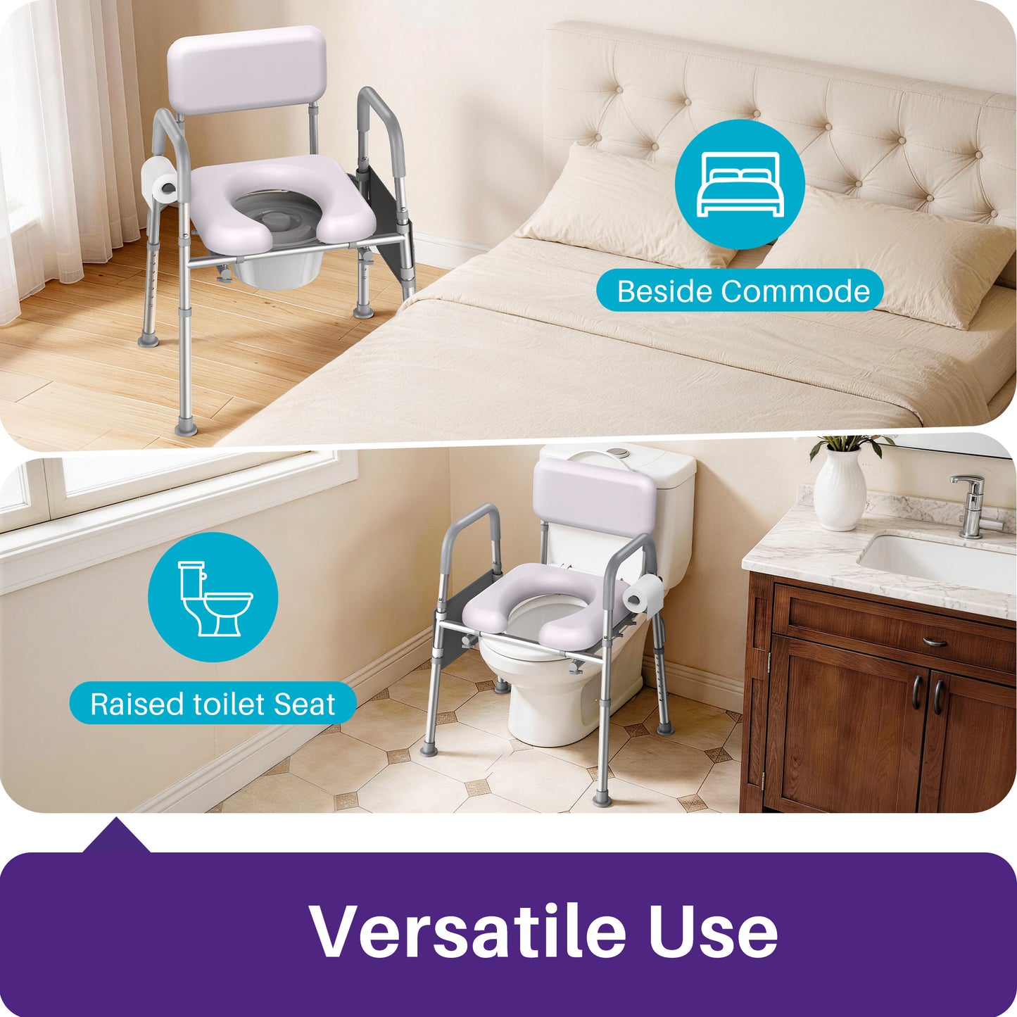 KEKOY Bedside Commode Chair with Padded Seat and Backrest, Aluminum Commode Toilet for Adults, Seniors, Disabled, Adjustable Height, Includes Potty Bucket & Splash Guard, 400lbs Capacity