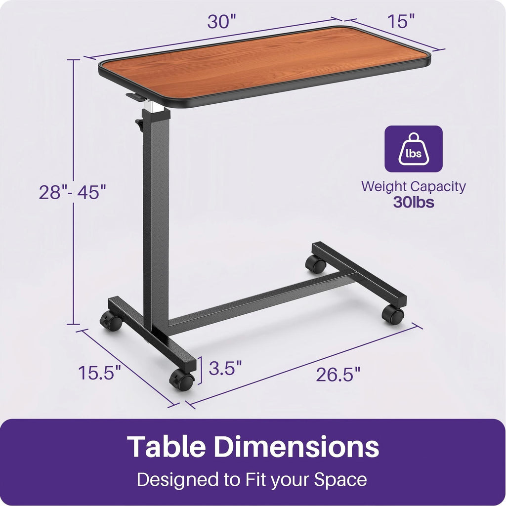 Kekoy Overbed Table with Wheels, Easy Height Adjustable Bedside Table for Bed for Elderly, Rolling Bed Tray Table for Eating & Reading, Stable Support for Medical Home Care and Hospital Use