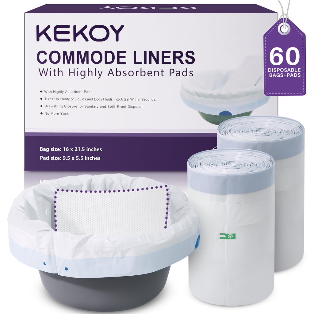 Kekoy Commode Liners with Absorbent Pads 60 Pack, Bedside Commode Liners, Unscented Commode Bags, Disposable Potty Liners Universal Fit for Home & Hospita