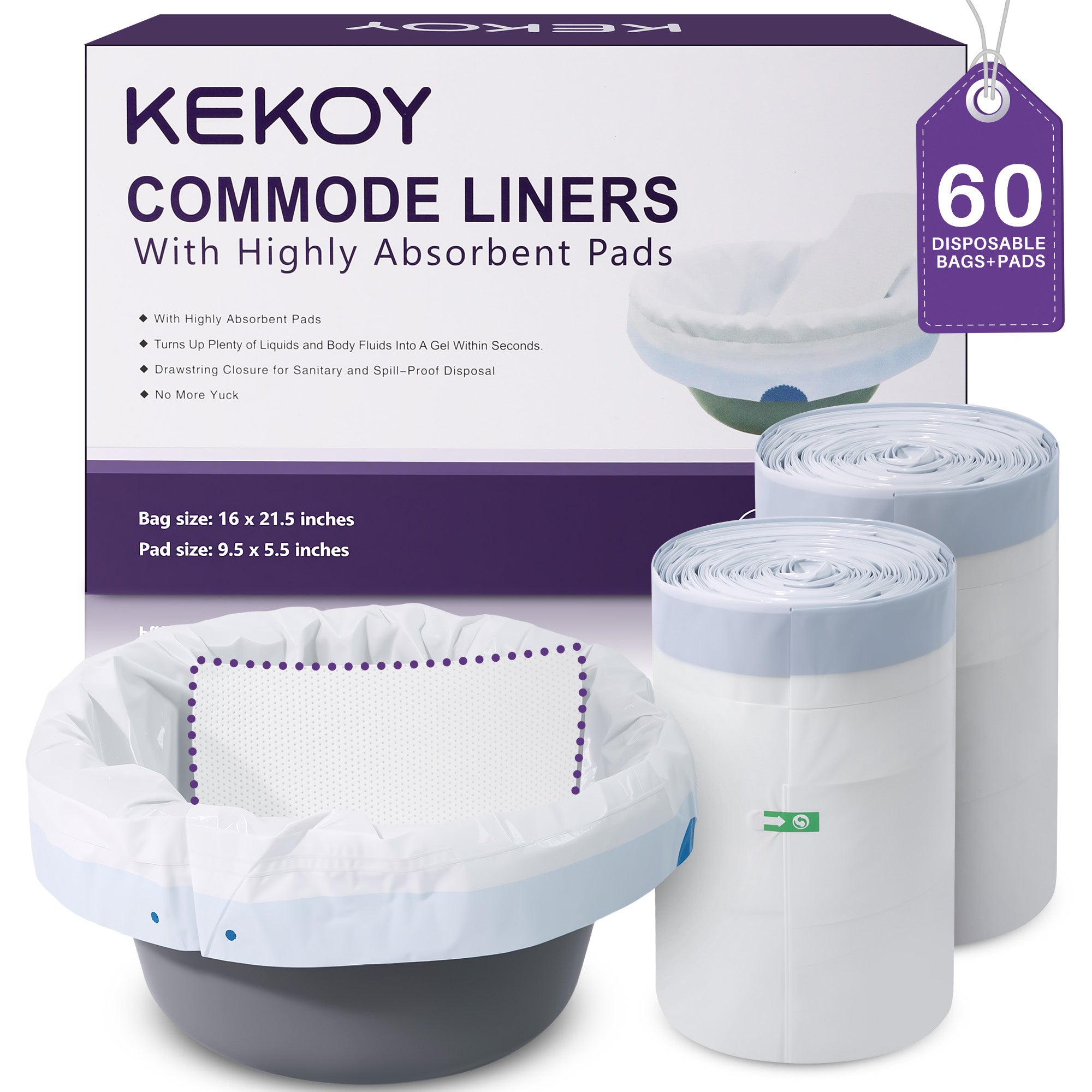 Kekoy Commode Liners with Absorbent Pads 60 Pack, Bedside Commode Liners, Unscented Commode Bags, Disposable Potty Liners Universal Fit for Home & Hospita