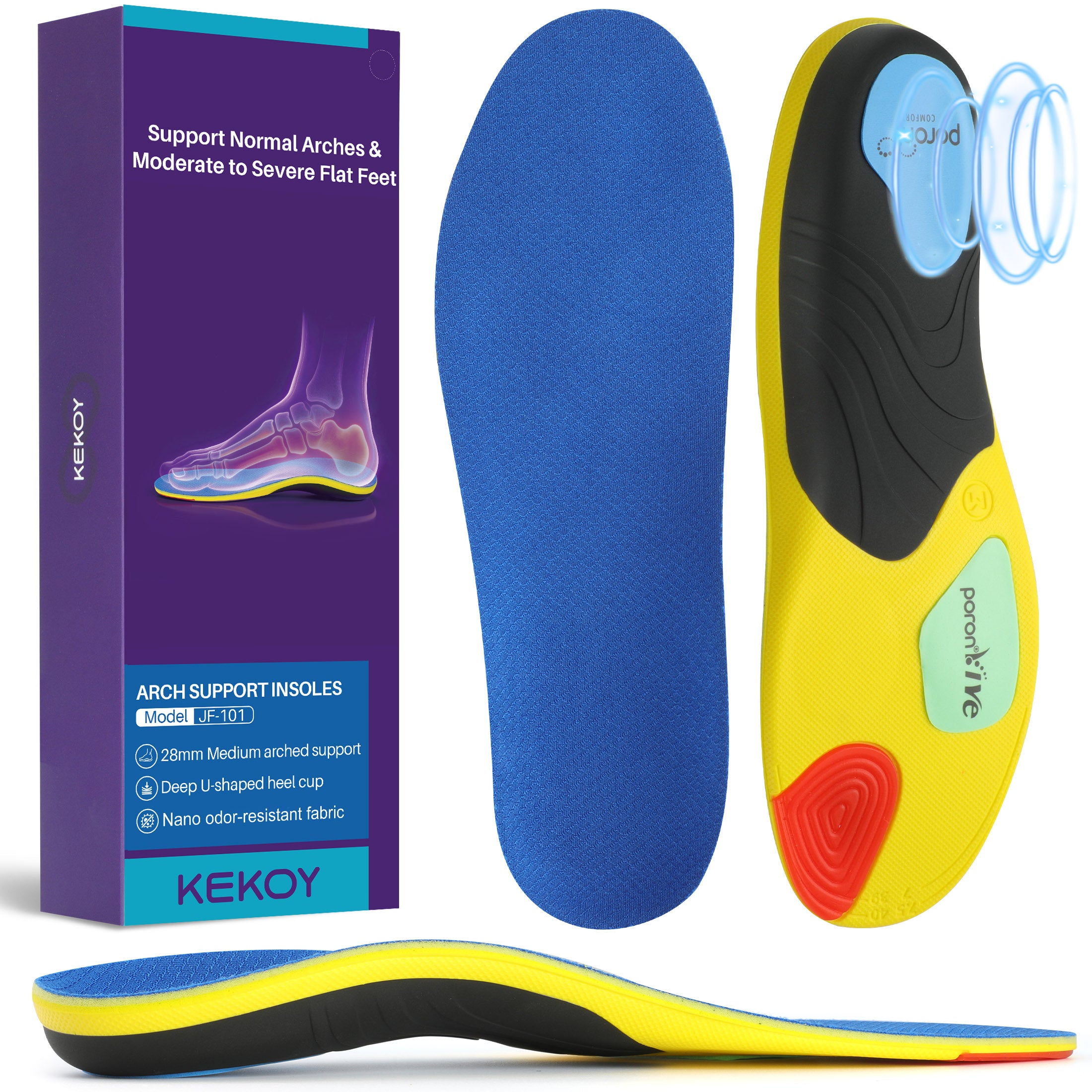 KEKOY 1.1" Comfortable Arch Support Insoles for Women & Men, Heavy Duty Shoe Inserts for Moderate-Severe Flat Feet & Neutral Arch, All-Day Comfort for Music Festival, Work & Running