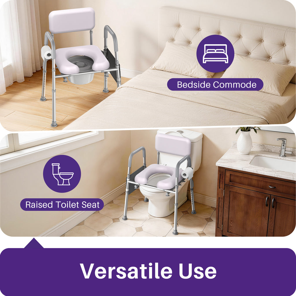 Kekoy Bedside Commode Chair with Padded Seat and Backrest, Aluminum Commode Toilet for Adults, Seniors, Disabled, Adjustable Height, Includes Potty Bucket & Splash Guard, 400lbs Capacity