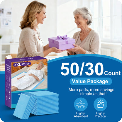 KEKOY Bed Pads for Incontinence Disposable 3 Times Super Absorbent, 36x36" 50 Count, Anti-Slip Backing, Extra Large Waterproof Underpads, Pee Pads for Adults, Dogs, Seniors