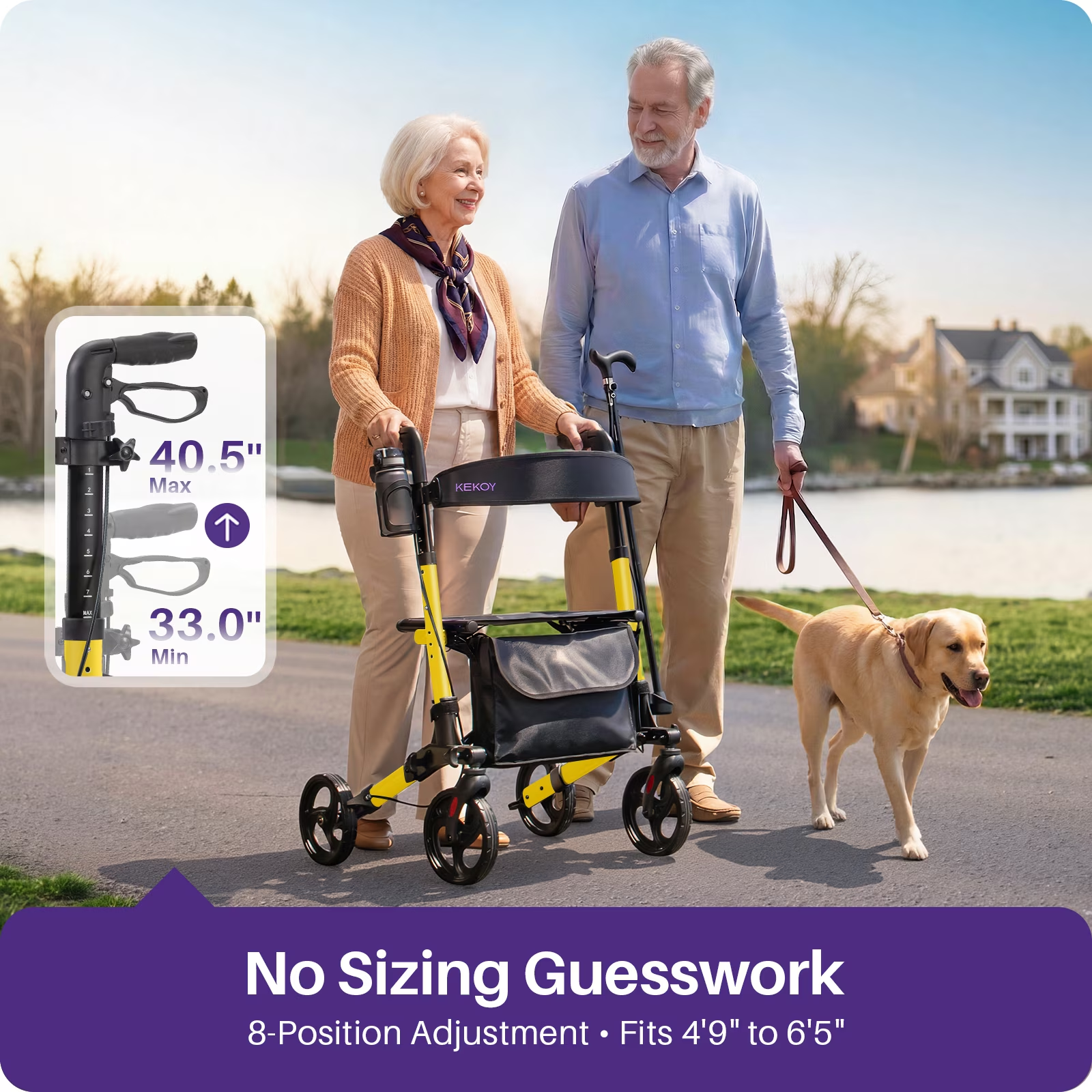 KEKOY Foldable Mobility Rollator Walkers for Seniors with Seat 350 lb, Adjustable Handles and Backrest Height, Adult Aluminum Rolling Walker, 8" Big Wheels, Yellow