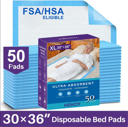 KEKOY Disposable Underpads for Incontinence Disposable 30 x 36", FSA/HSA 3x Super Absorbent Bed Pads, Anti Slip Backing Adult Pee Pads for Bed, 50 Count