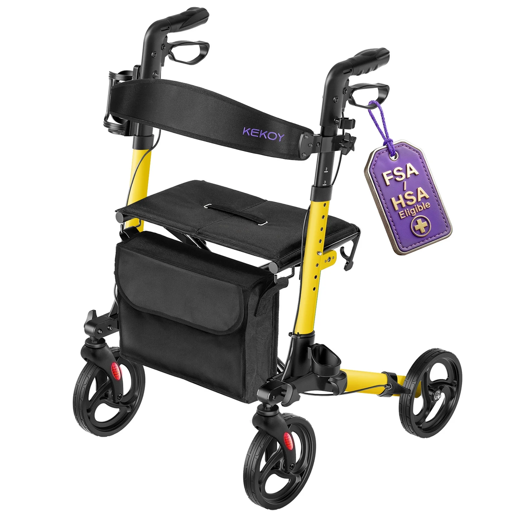 KEKOY Walkers for Seniors Foldable Mobility Rollator with Seat 350 lb, Adjustable Handles and Backrest Height, Adult Aluminum Rolling Walker, 8" Big Wheels, Yellow