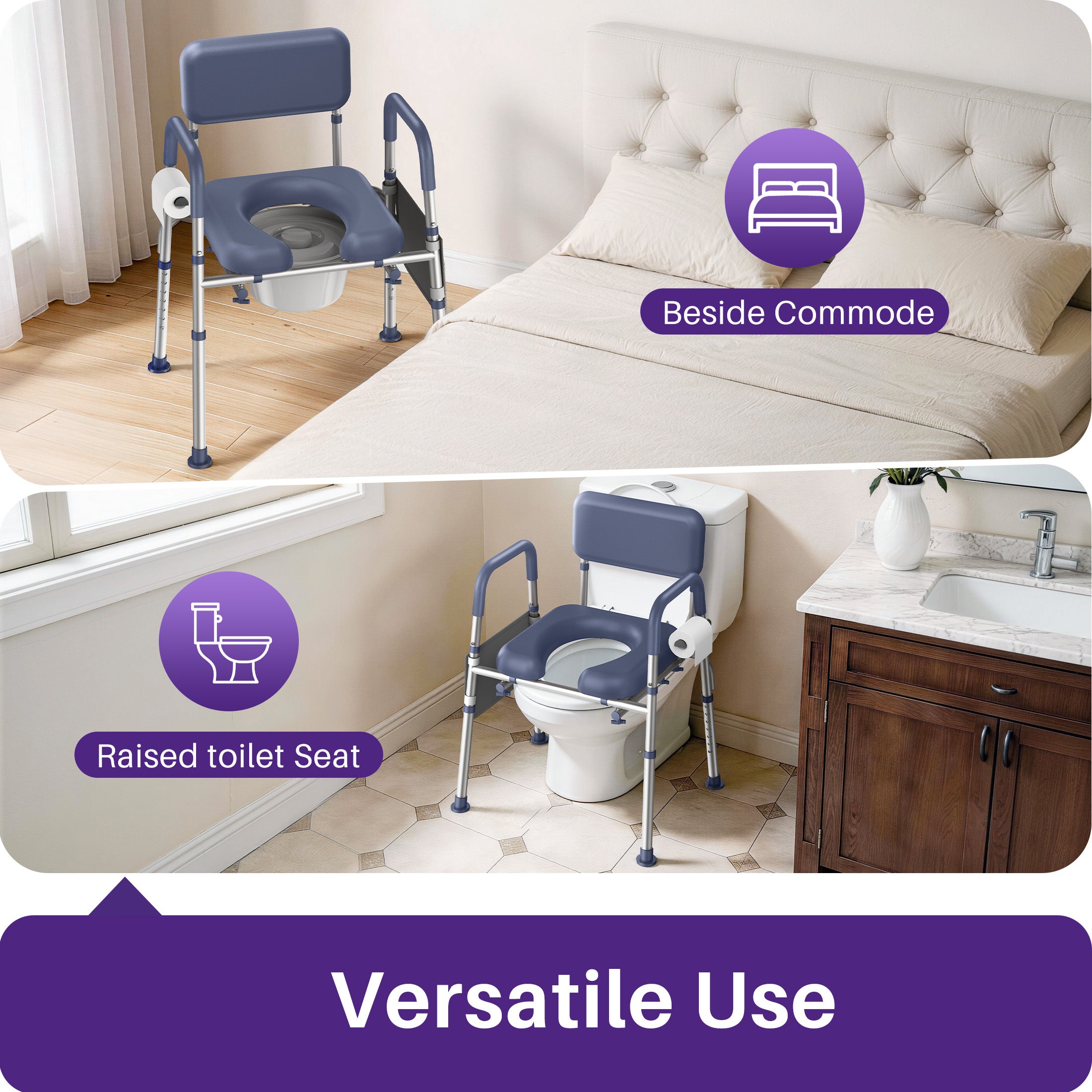 Kekoy Bedside Commode Chair with Padded Seat and Backrest, Aluminum Commode Toilet for Adults, Seniors, Disabled, Adjustable Height, Includes Potty Bucket & Splash Guard, 400lbs Capacity
