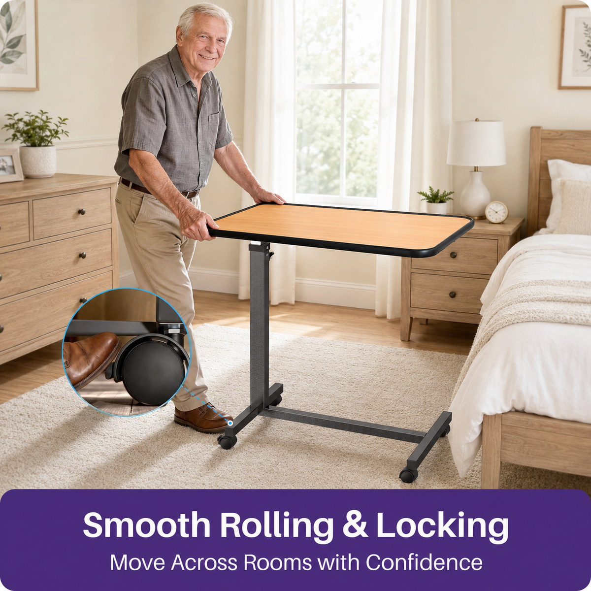 KEKOY Overbed Table with Wheels, One-Touch Height Adjustable Rolling Hospital Bedside Table, Stable Bed Tray for Eating, Reading, Elderly Home Care and Hospital Use