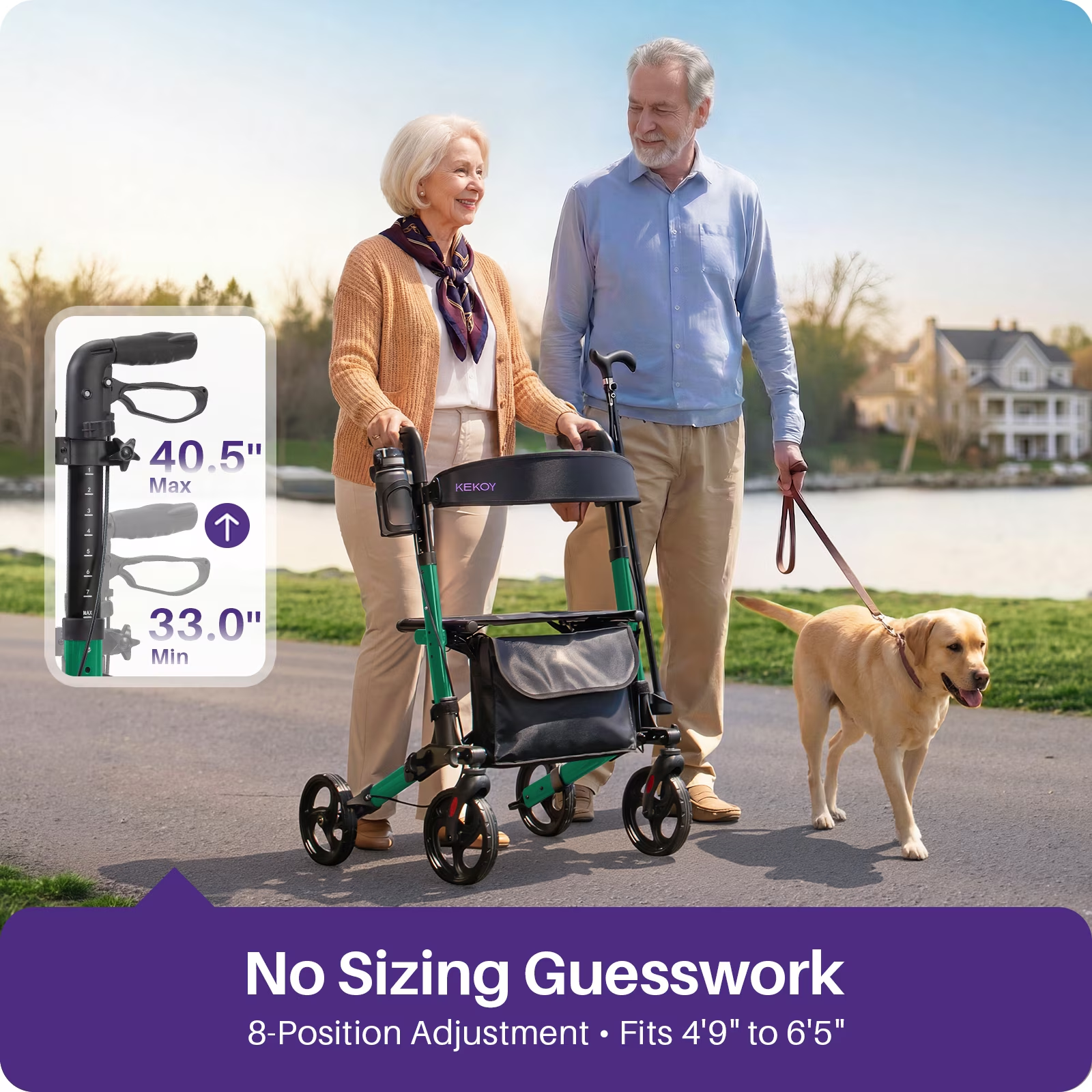 KEKOY Walkers for Seniors Foldable Mobility Rollator with Seat 350 lb, Adjustable Handles and Backrest Height, Adult Aluminum Rolling Walker, 8" Big Wheels, Green