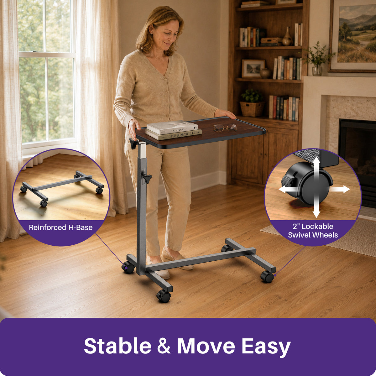 KEKOY Overbed Table with Wheels, 90° Tilting Tabletop and Adjustable Height, Rolling Hospital Bedside Table for Reading, Laptop Work and Post-Surgery Recovery