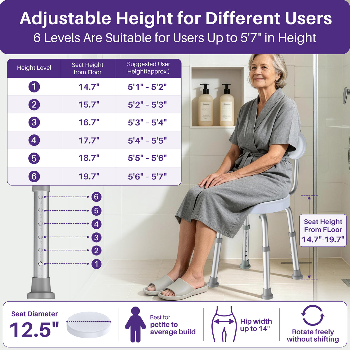 Kekoy Swivel Shower Chair, 360° Rotating Shower Seat with Backrest for Elderly and Disabled, Height Adjustable Tub Bench for Inside Shower Stool & Bath Tub Seat for Narrow Space