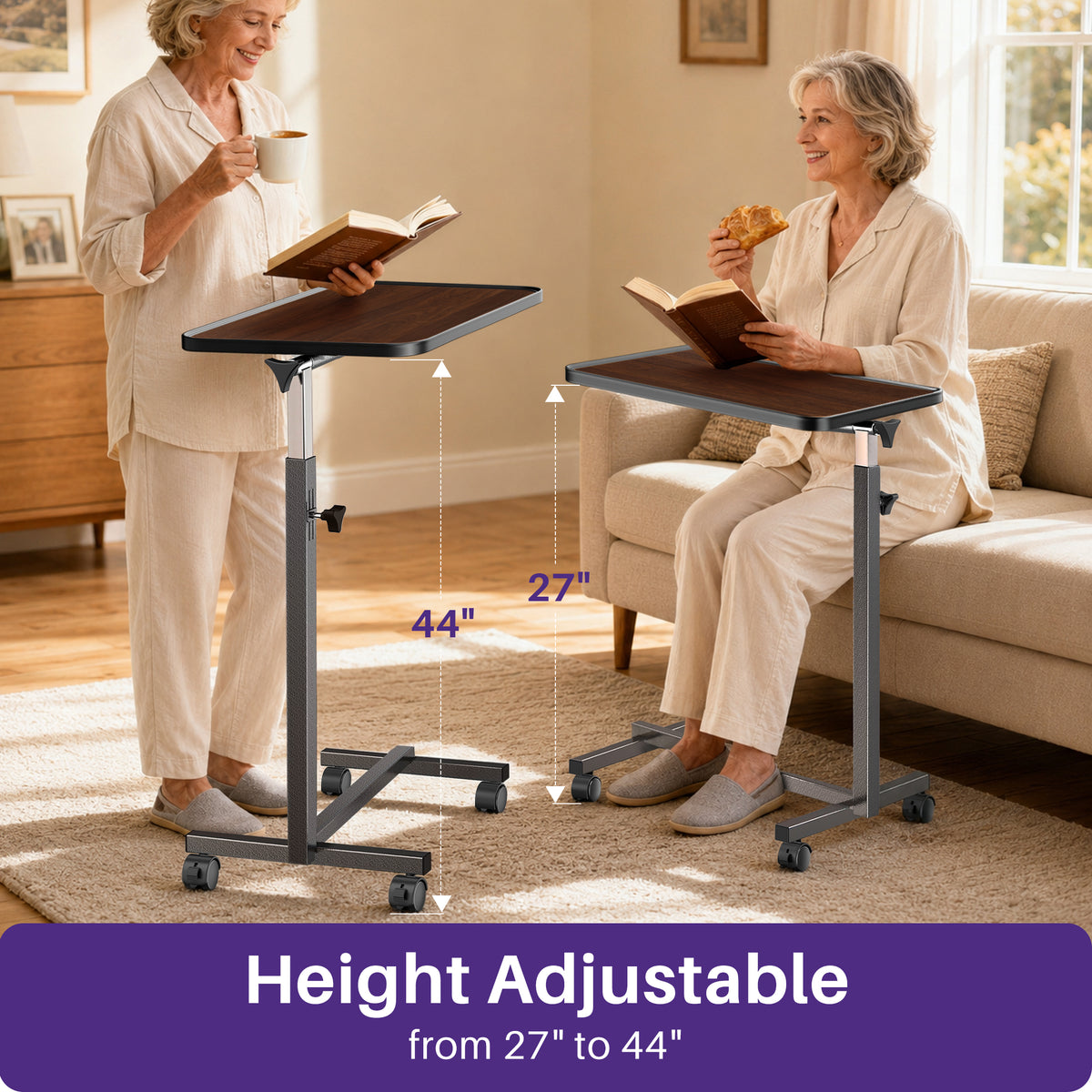 KEKOY Overbed Table with Wheels, 90° Tilting Tabletop and Adjustable Height, Rolling Hospital Bedside Table for Reading, Laptop Work and Post-Surgery Recovery