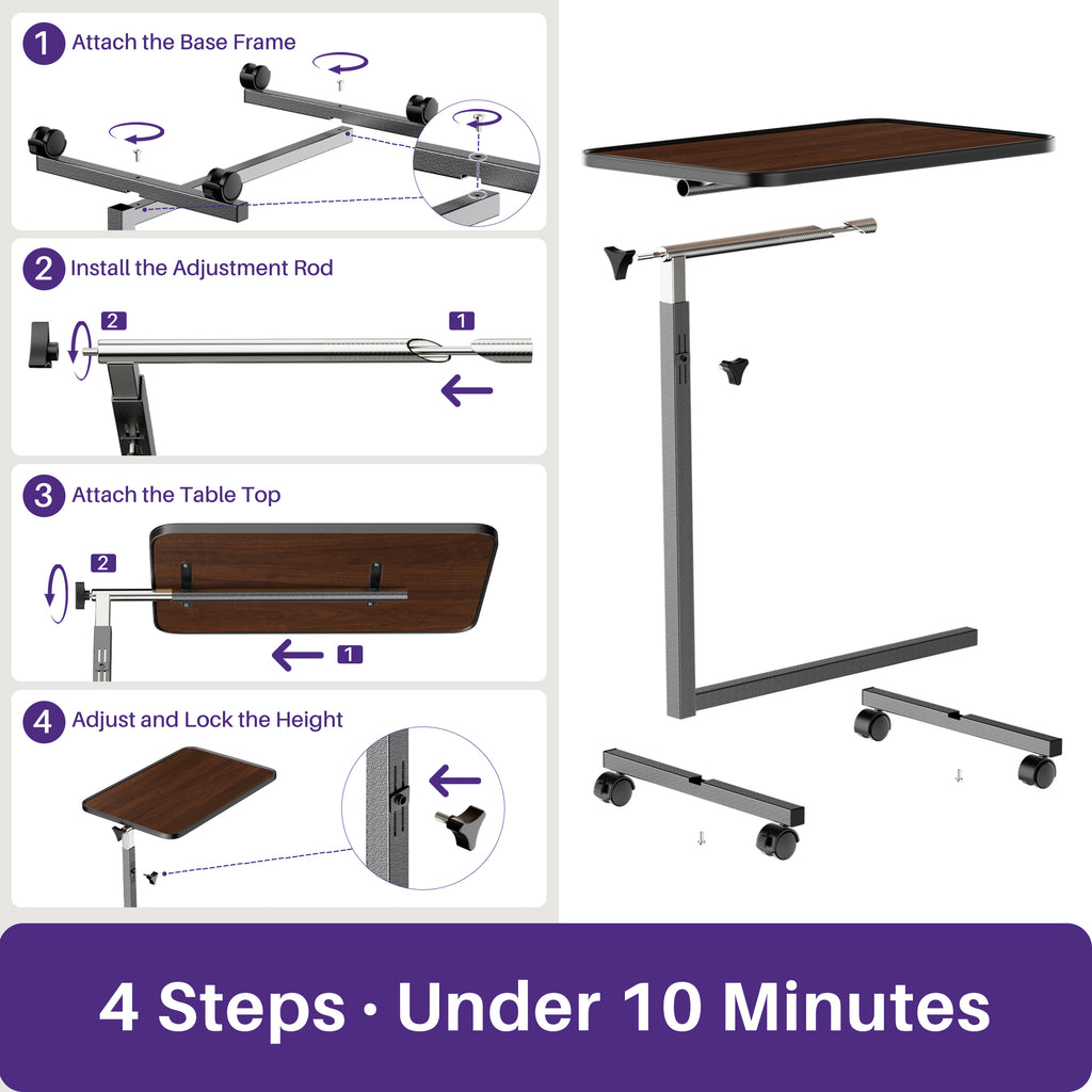 KEKOY Overbed Table with Wheels, 90° Tilting Tabletop and Adjustable Height, Rolling Hospital Bedside Table for Reading, Laptop Work and Post-Surgery Recovery