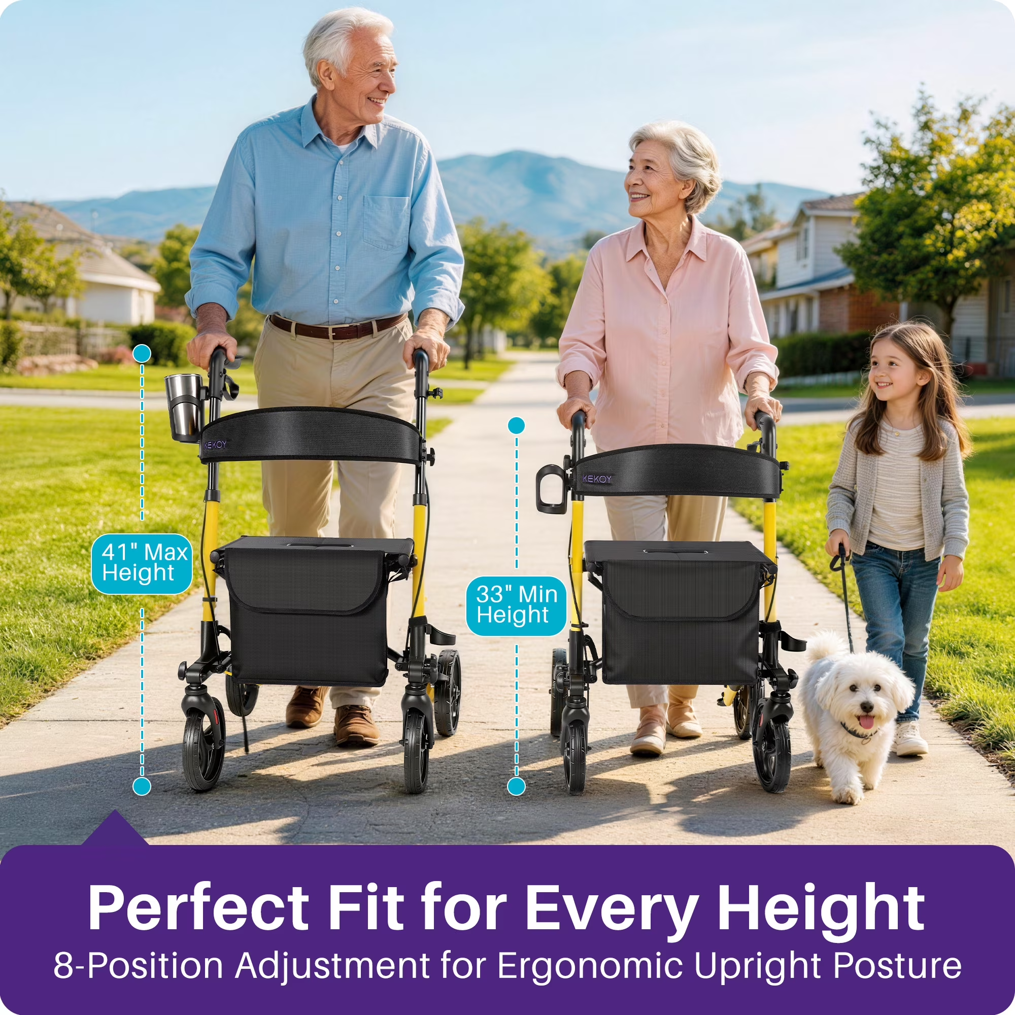 KEKOY Walkers for Seniors Foldable Mobility Rollator with Seat 350 lb, Adjustable Handles and Backrest Height, Adult Aluminum Rolling Walker, 8" Big Wheels, Yellow
