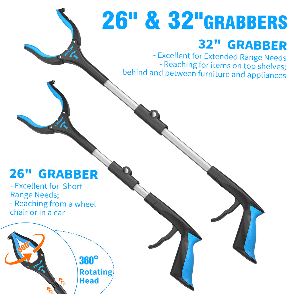 KEKOY 2-Pack 32" and 26" Grabber Reacher with 360° Rotating Jaw, Mobility Aids Reaching Assist Tool
