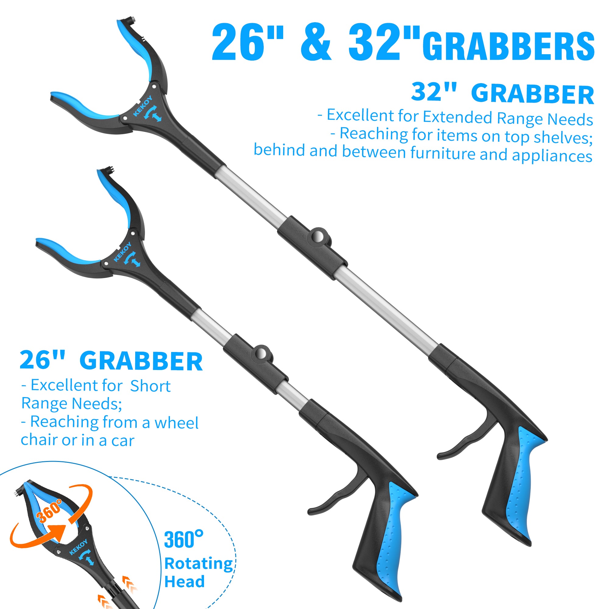 KEKOY 2-Pack 32" and 26" Grabber Reacher with 360° Rotating Jaw, Mobility Aids Reaching Assist Tool
