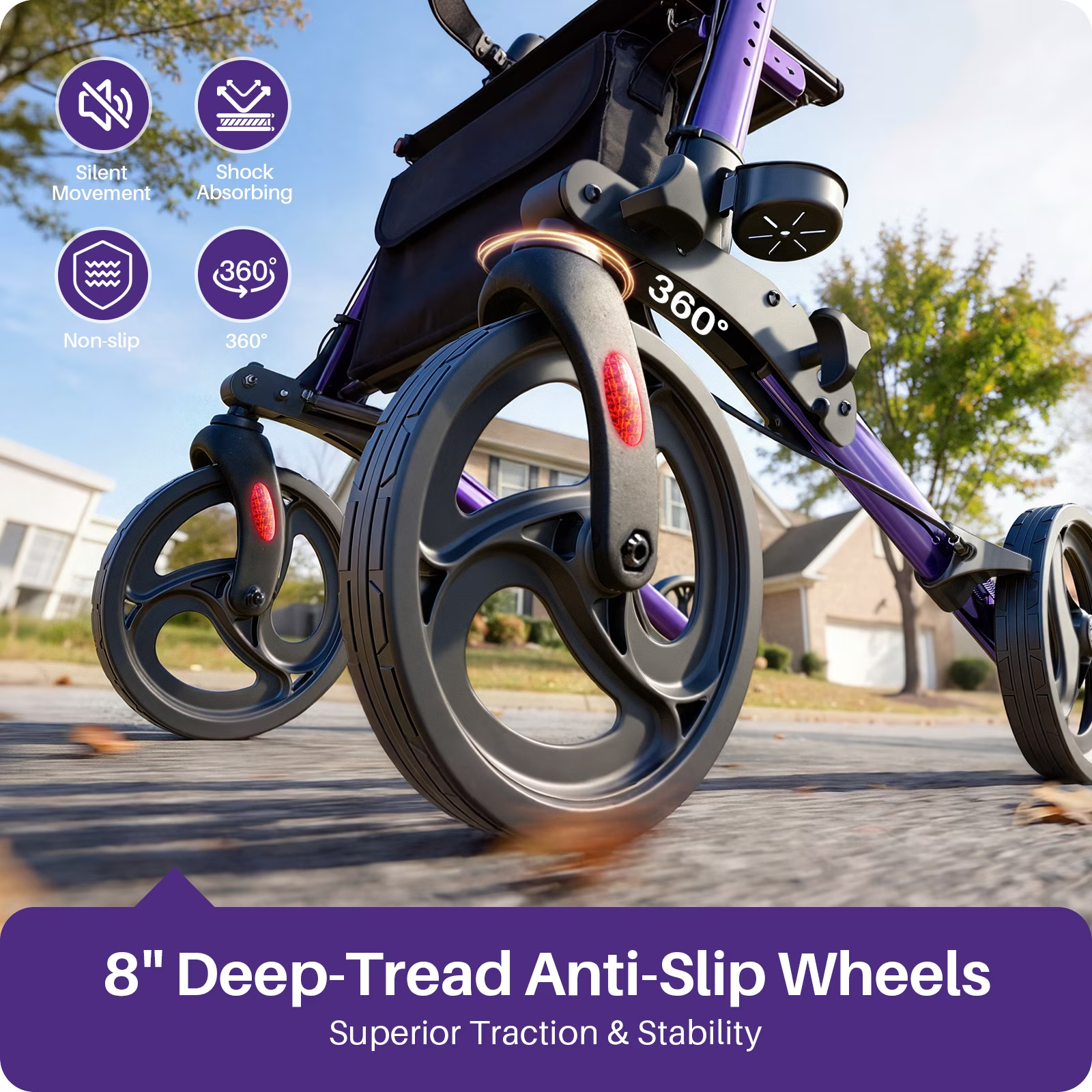 KEKOY Rollator Walker with Seat, Fits 4'9"-6'5", FSA HSA  Eligible Mobility Walkers for Seniors, Adjustable Height & Backrest, Foldable Aluminum, 8" All-Terrain Wheels, 350 lb Capacity, Purple