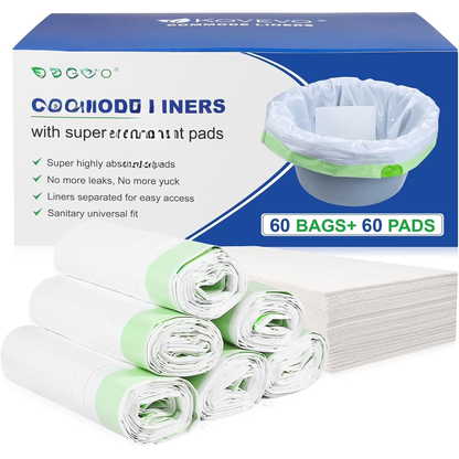60 Pack Bedside Commode Liners for Portable Toilet Chair Bucket and Bedpan | Value Pack of 48 Disposable Waste Bags for Adults