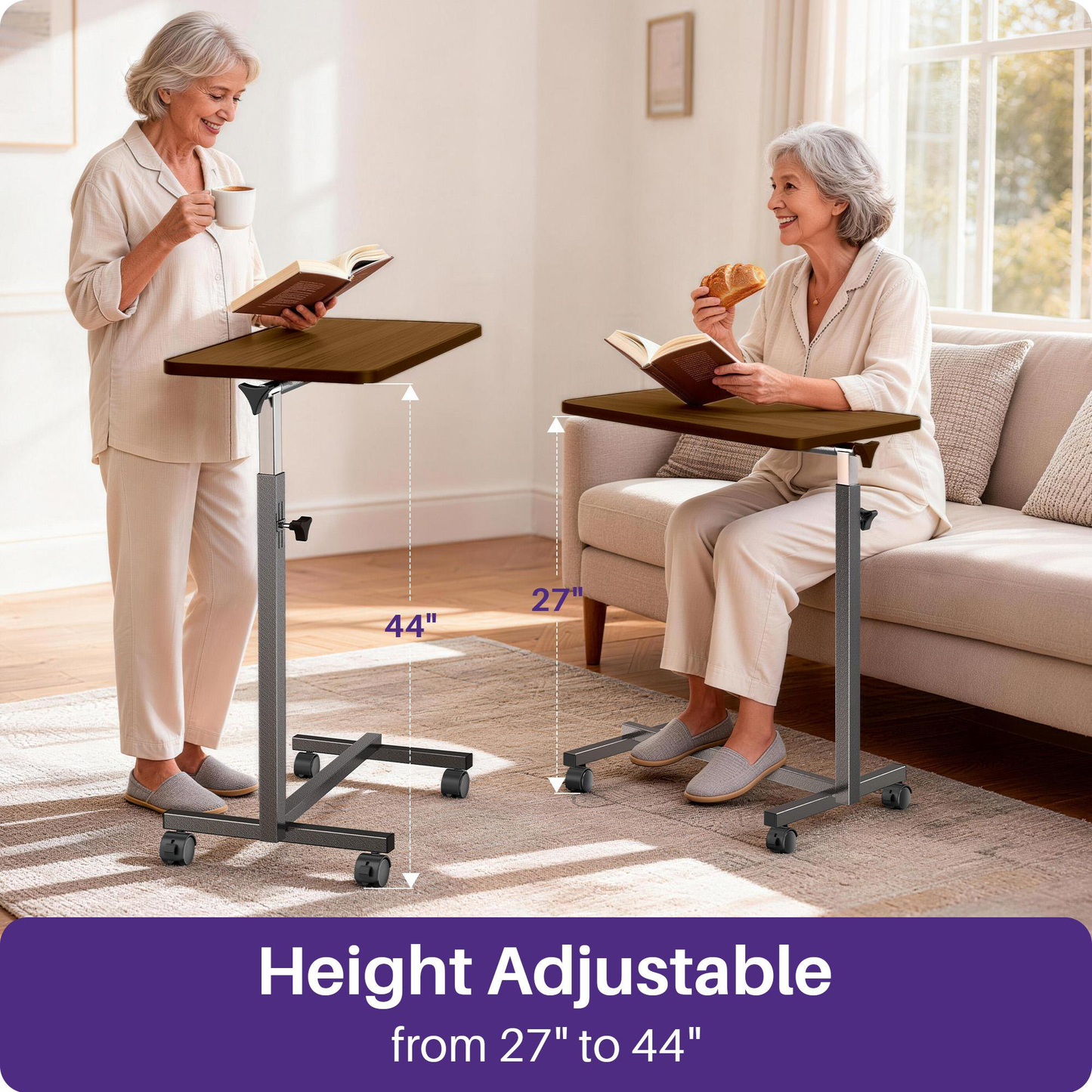 KEKOY Overbed Table for Elderly, Adjustable Overbed Bedside Table with Wheels, Tilt Table for Home and Hospital Use, Smooth Rolling, Stable Support Design