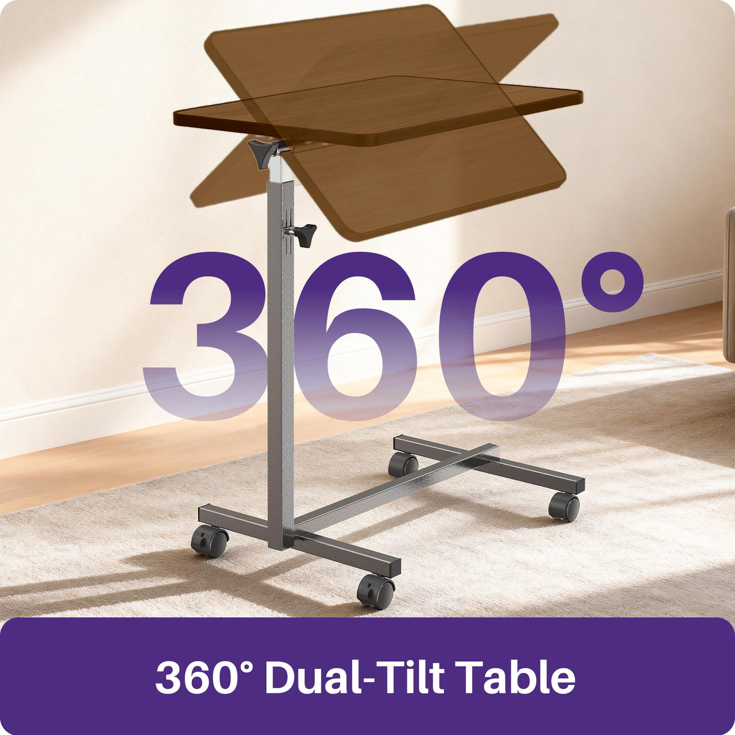 KEKOY Overbed Table for Elderly, Adjustable Overbed Bedside Table with Wheels, Tilt Table for Home and Hospital Use, Smooth Rolling, Stable Support Design