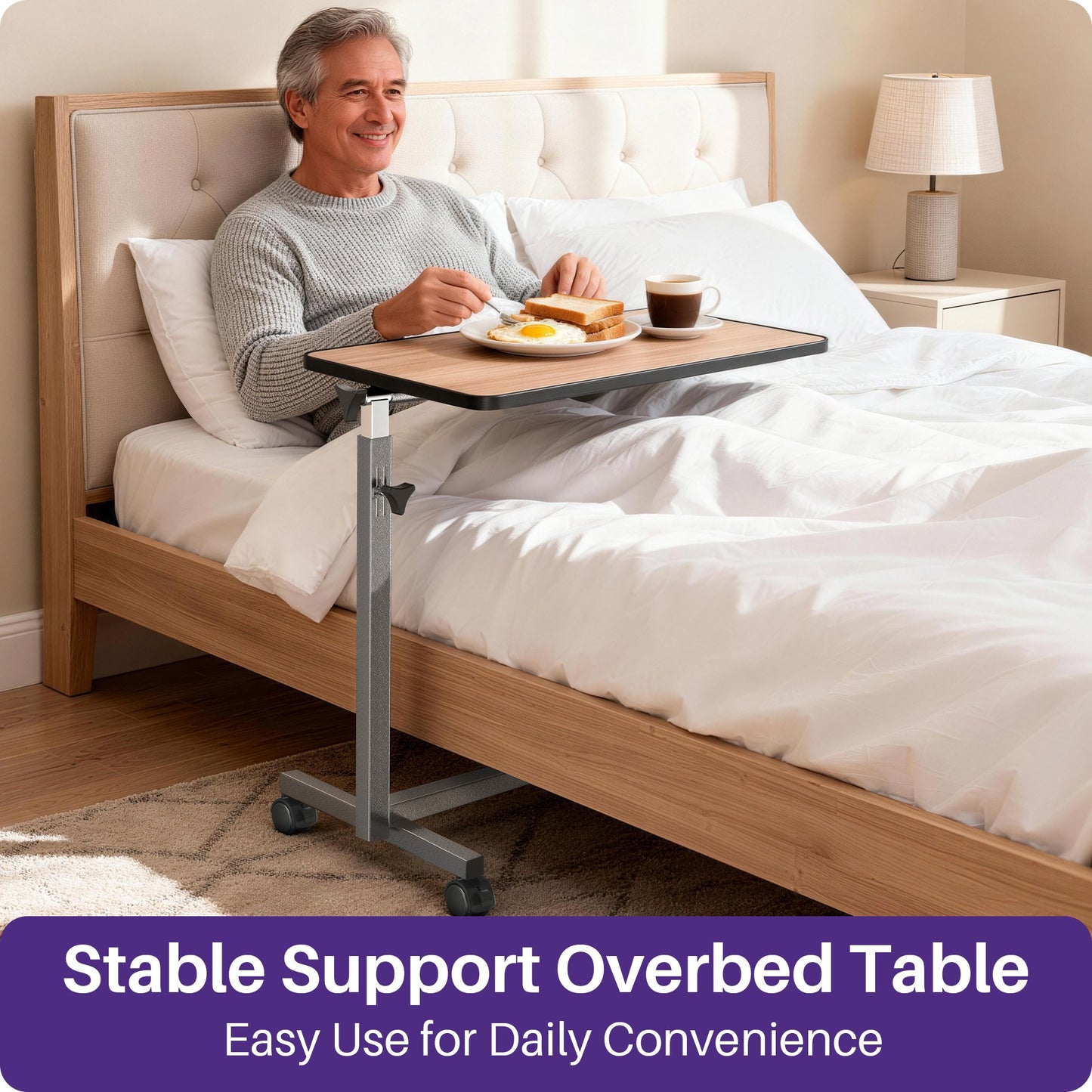 KEKOY Overbed Table, Adjustable Overbed Bedside Table with Wheels, Tilt Table for Home and Hospital Use, Smooth Rolling, Stable Support Design