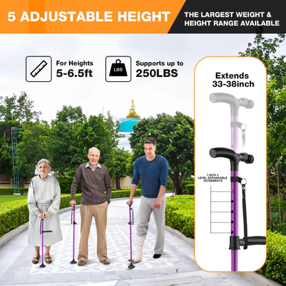 KEKOY Folding Walking Cane for Seniors Men Women with Light and Quad Base Purple