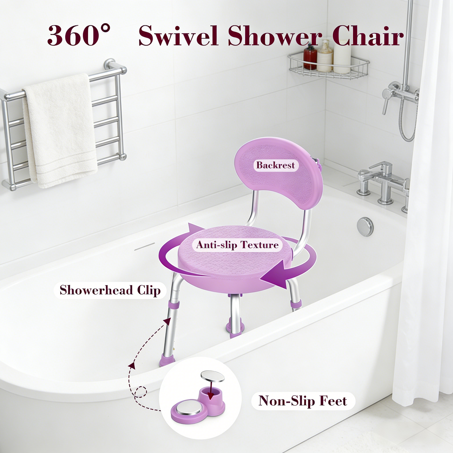 Kekoy Swivel Shower Chair, 360° Rotating Shower Seat with Backrest for Elderly and Disabled, Height Adjustable Tub Bench for Inside Shower Stool & Bath Tub Seat for Adults, Purple