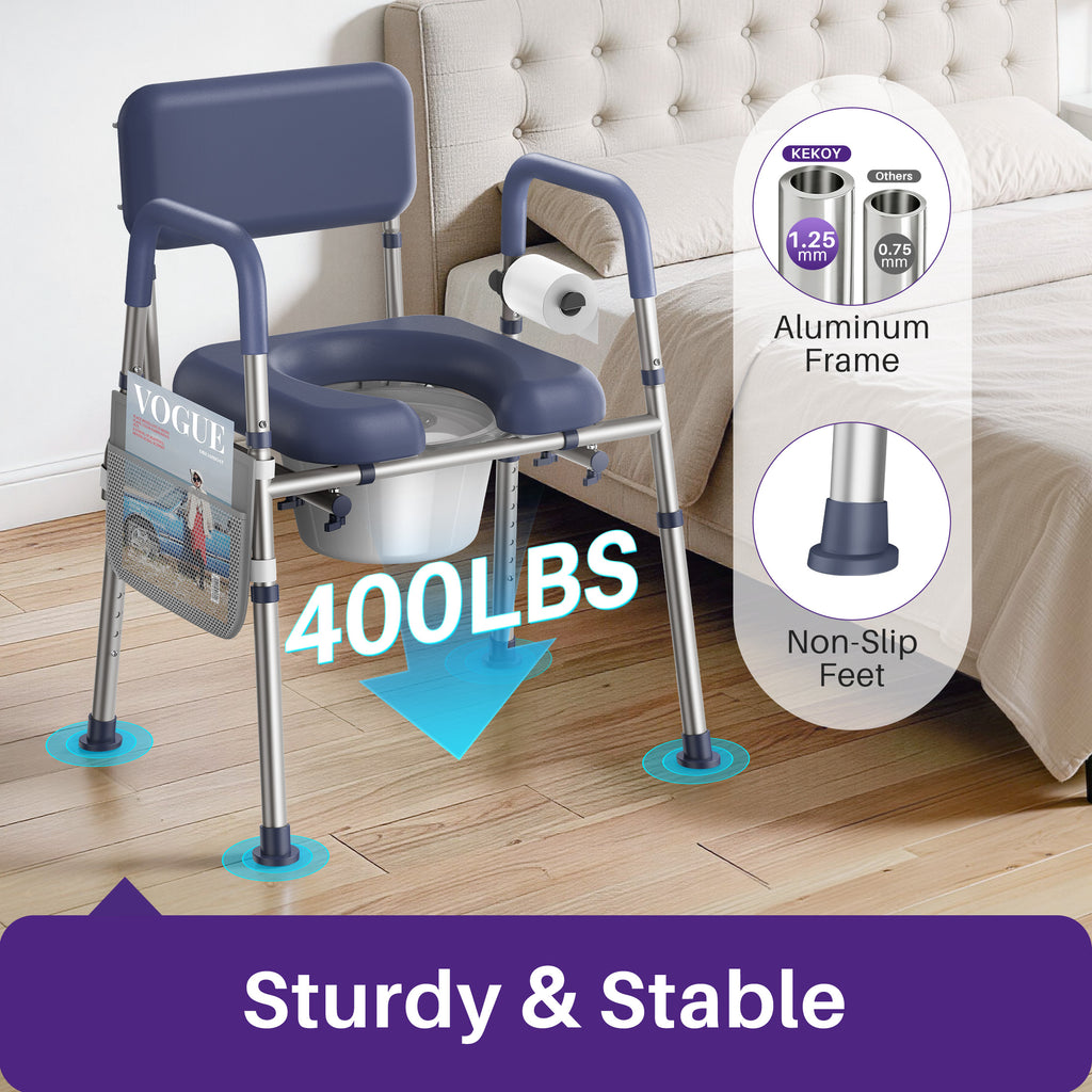 Kekoy Bedside Commode Chair with Padded Seat and Backrest, Aluminum Commode Toilet for Adults, Seniors, Disabled, Adjustable Height, Includes Potty Bucket & Splash Guard, 400lbs Capacity