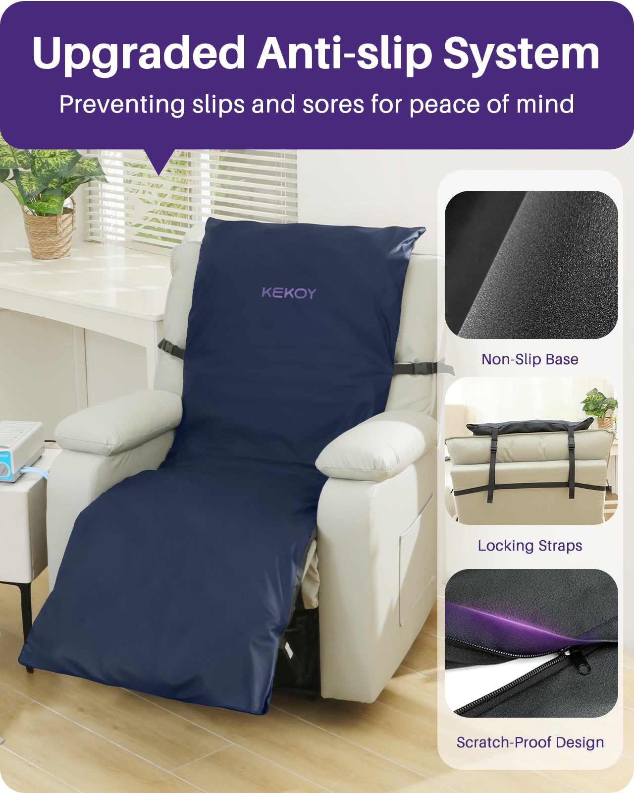 Kekoy Alternating Air Pressure Recliner Cushion - Upgrade with Anti-Slip Base & Quiet Pump, Waterproof Pressure Relief Pad for Bed Sore Prevention & Home Care