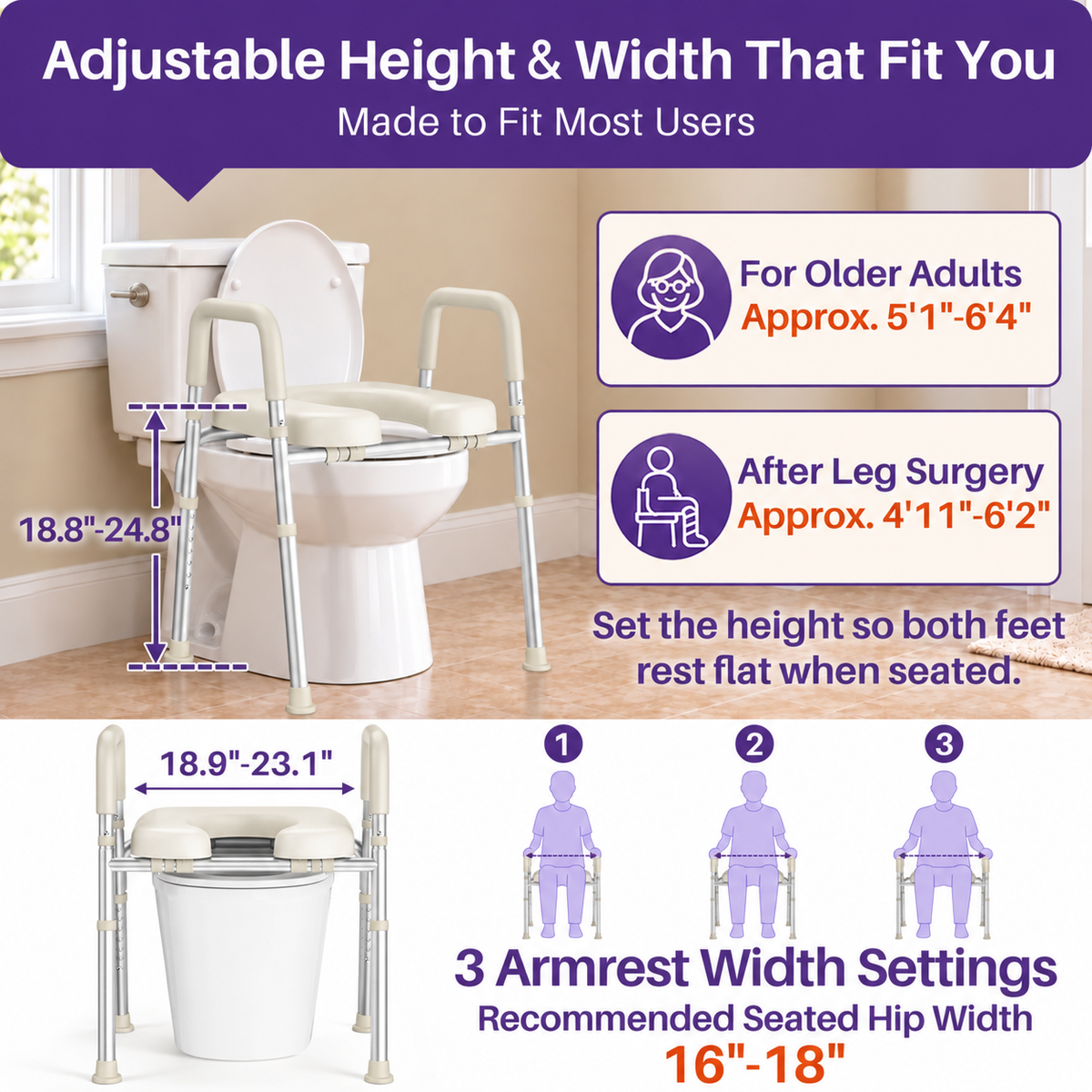 Kekoy Toilet Seat Riser for Seniors, Raised Toilet Seat with Handles, Fsa Hsa Eligible 400lb Elevated Toilet Risers, Tool-Free Assembly with Adjustable Height & Width