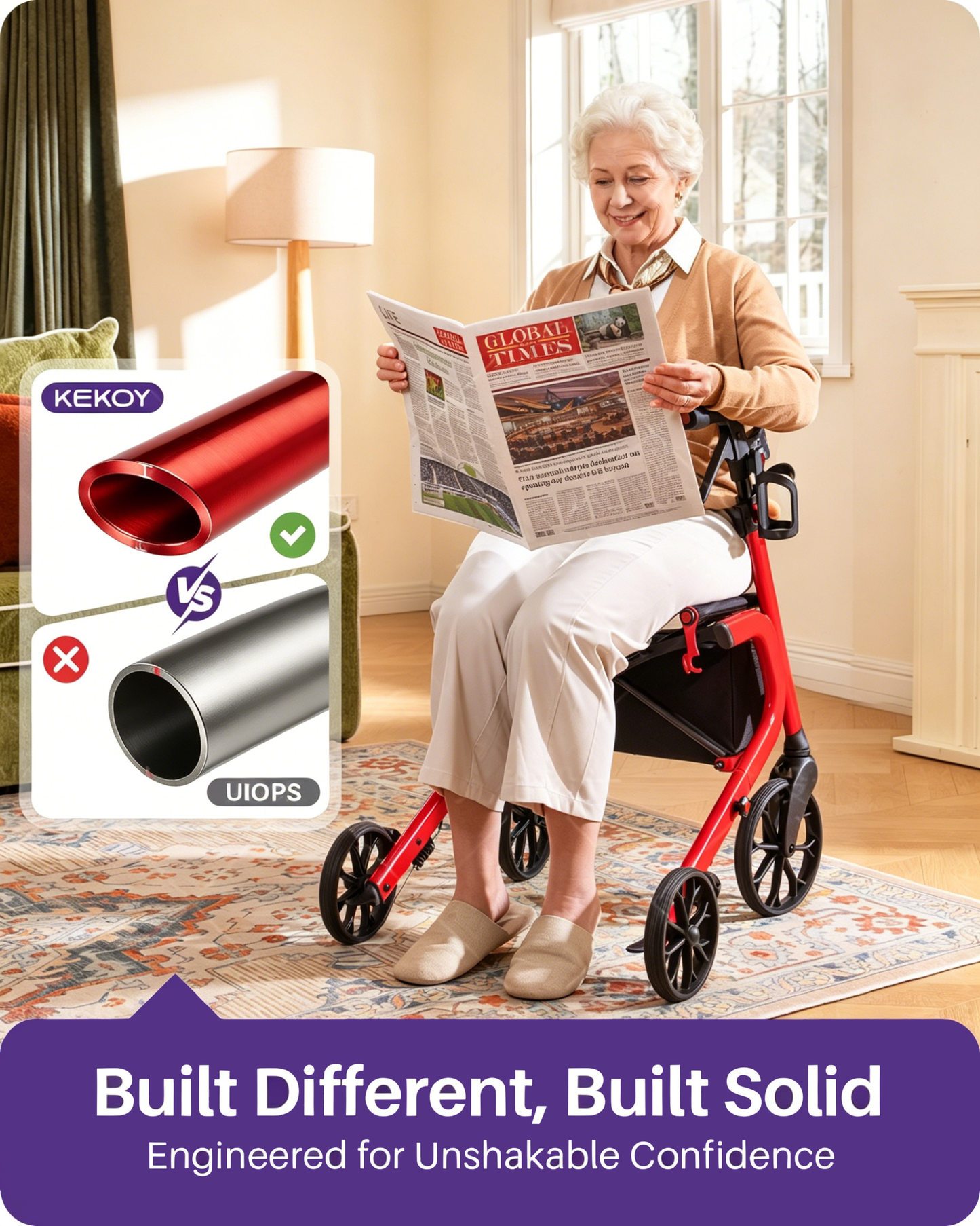 Kekoy Heavy-Duty Rollator Walker with Seat for Seniors – 500 lbs Walker for Seniors, Extra-Wide 19.5" Seat, Reinforced K-Frame, 10" TPR All-Terrain Wheels, Hidden Brake Cables, 8-Level Adjustable Height, Red