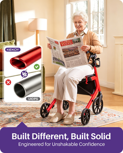 Kekoy Heavy-Duty Rollator Walker with Seat for Seniors – 500 lbs Walker for Seniors, Extra-Wide 19.5" Seat, Reinforced K-Frame, 10" TPR All-Terrain Wheels, Hidden Brake Cables, 8-Level Adjustable Height, Red