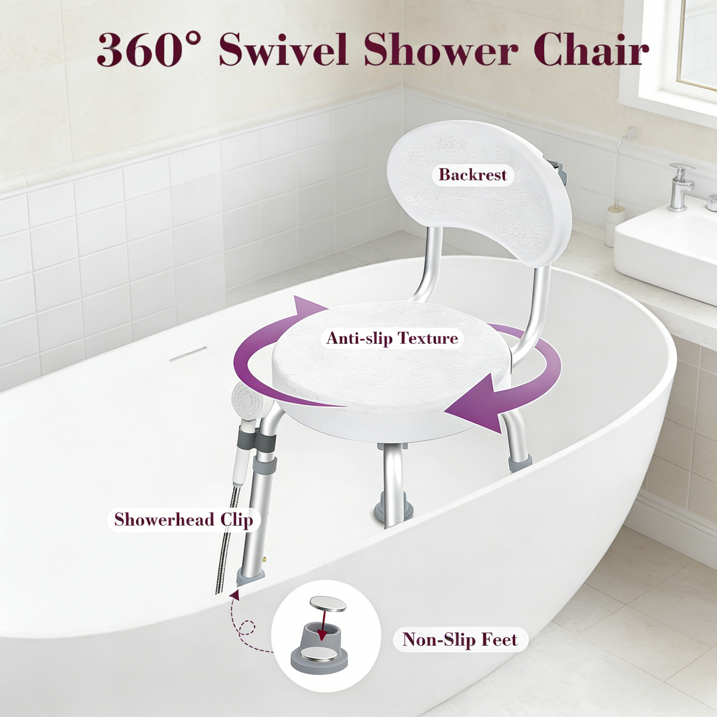 Kekoy Swivel Shower Chair, 360° Rotating Shower Seat with Backrest for Elderly and Disabled, Height Adjustable Tub Bench for Inside Shower Stool & Bath Tub Seat for Adults, White