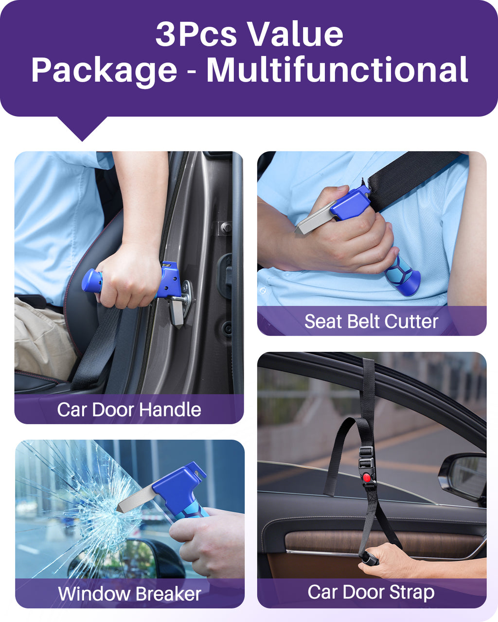 KEKOY 3 Pack Car Door Handle for Elderly, 4 in 1 Multifunctional Car Handle Assist with Car Window Breaker, Seat Belt Cutter and Automotive Standing Aid, Mobility Aids for Seniors