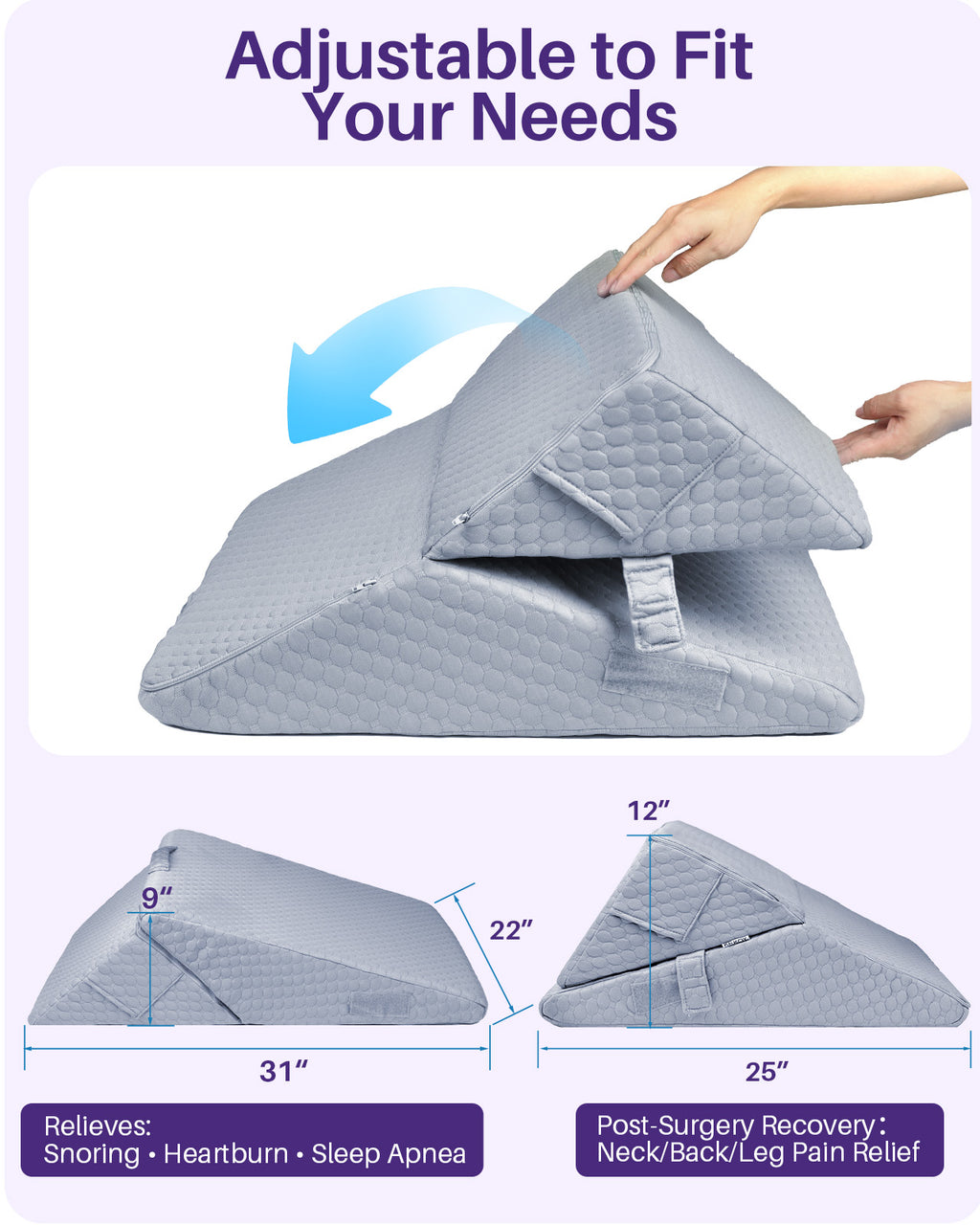 KEKOY Bed Wedge Pillow for Sleeping, Adjustable Height to 9-12 inches, Memory Foam Pillows with Washable Cover, Gray
