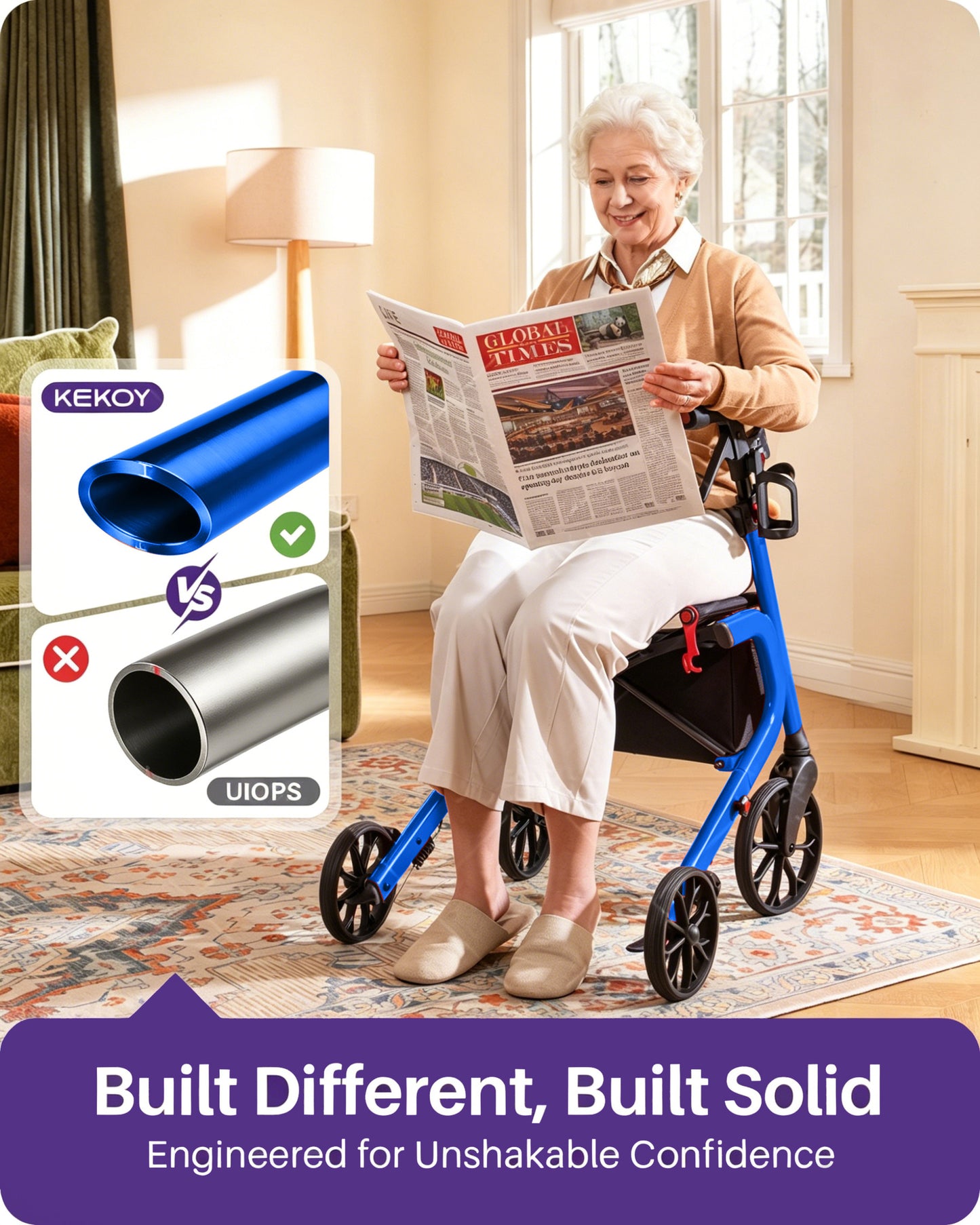 Kekoy Heavy-Duty Rollator Walker with Seat for Seniors – 500 lbs Walker for Seniors, Extra-Wide 19.5" Seat, Reinforced K-Frame, 10" TPR All-Terrain Wheels, Hidden Brake Cables, 8-Level Adjustable Height, Blue