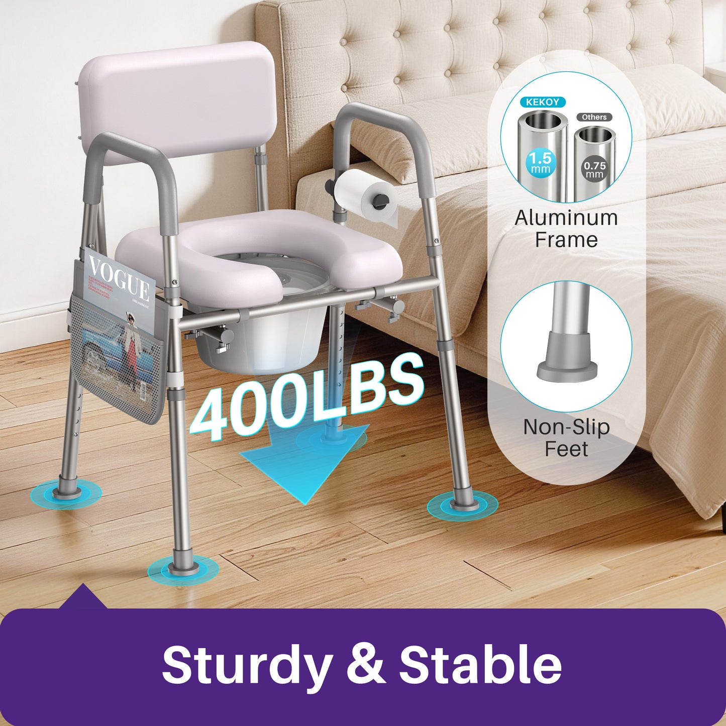 KEKOY Bedside Commode Chair with Padded Seat and Backrest, Aluminum Commode Toilet for Adults, Seniors, Disabled, Adjustable Height, Includes Potty Bucket & Splash Guard, 400lbs Capacity