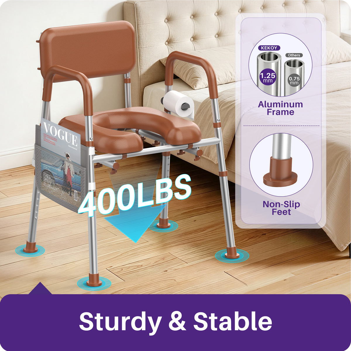 Kekoy Bedside Commode Chair with Padded Seat and Backrest, Commode Toilet with Liners for Adults, Seniors and Disabled, Adjustable Height, Includes Potty Bucket, Splash Guard, 400 lb Capacity