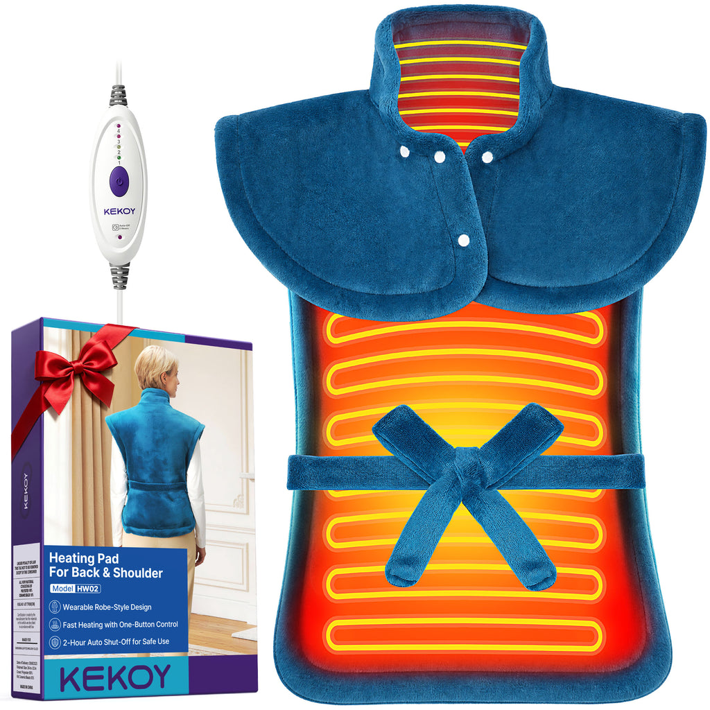 KEKOY Heating Pad for Back, Neck & Shoulders Pain Relief, Wearable Electric Heat Pad with Detachable Belt, 4 Heat Settings, 2-Hour Auto Shut-Off, Fast Heating, 24"x33", Blue