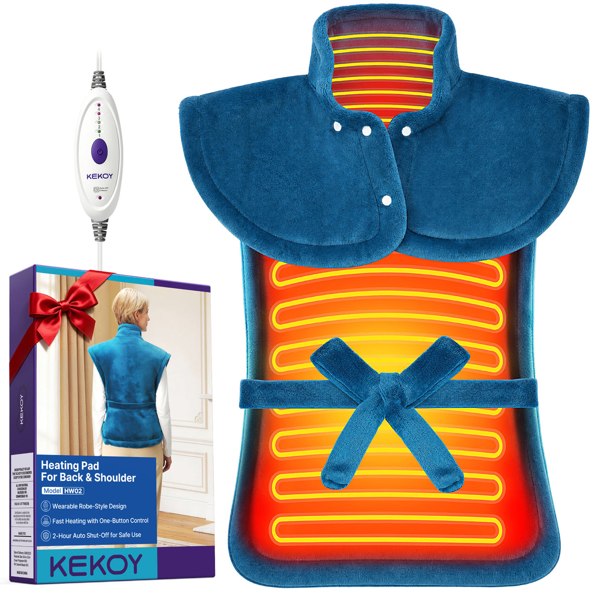 KEKOY Heating Pad for Back, Neck & Shoulders Pain Relief, Wearable Electric Heat Pad with Detachable Belt, 4 Heat Settings, 2-Hour Auto Shut-Off, Fast Heating, 24"x33", Blue