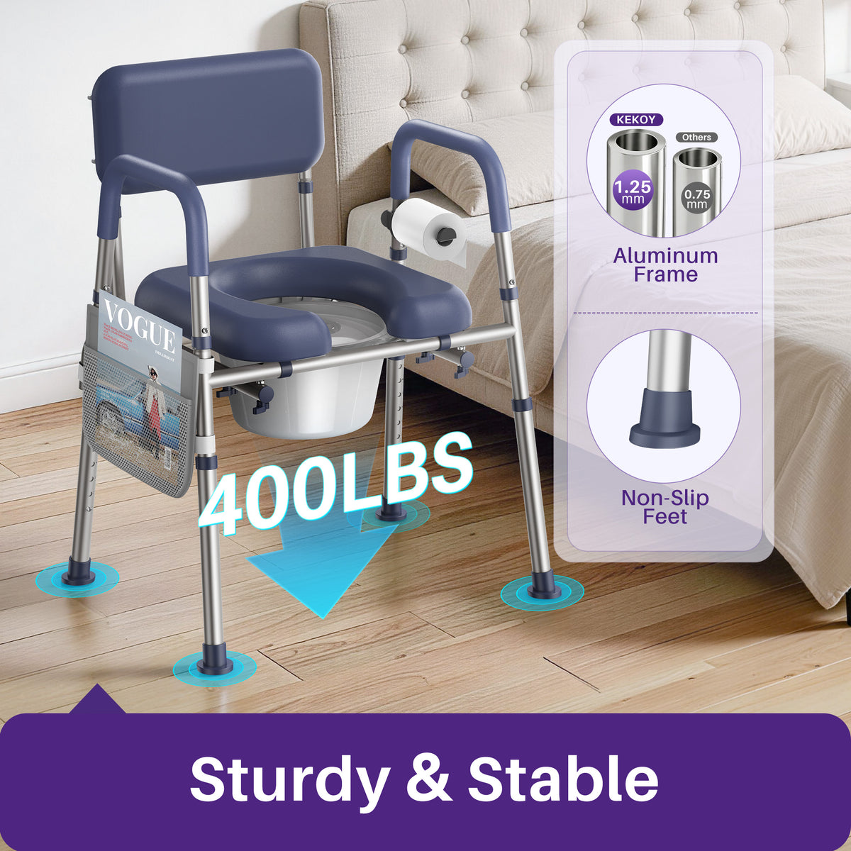 Kekoy Bedside Commode Chair with Padded Seat and Backrest, Aluminum Commode Toilet for Adults, Seniors, Disabled, Adjustable Height, Includes Potty Bucket & Splash Guard, 400lbs Capacity