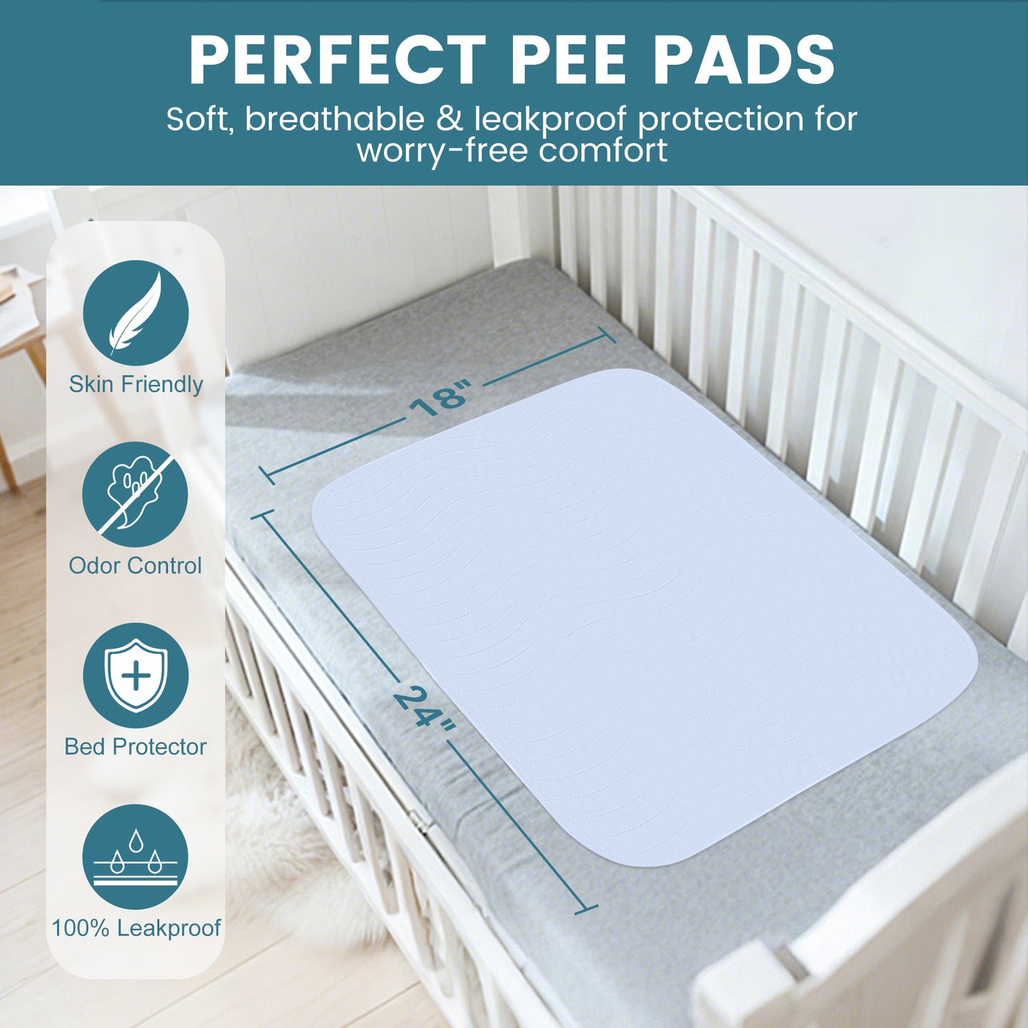 KEKOY 3 Pack Washable Bed Pads for Incontinence Reusable, 4 Layer Waterproof Absorbent Incontinence Bed Pads, Pee Pads for Adults, Dogs, Pets, 18*24"