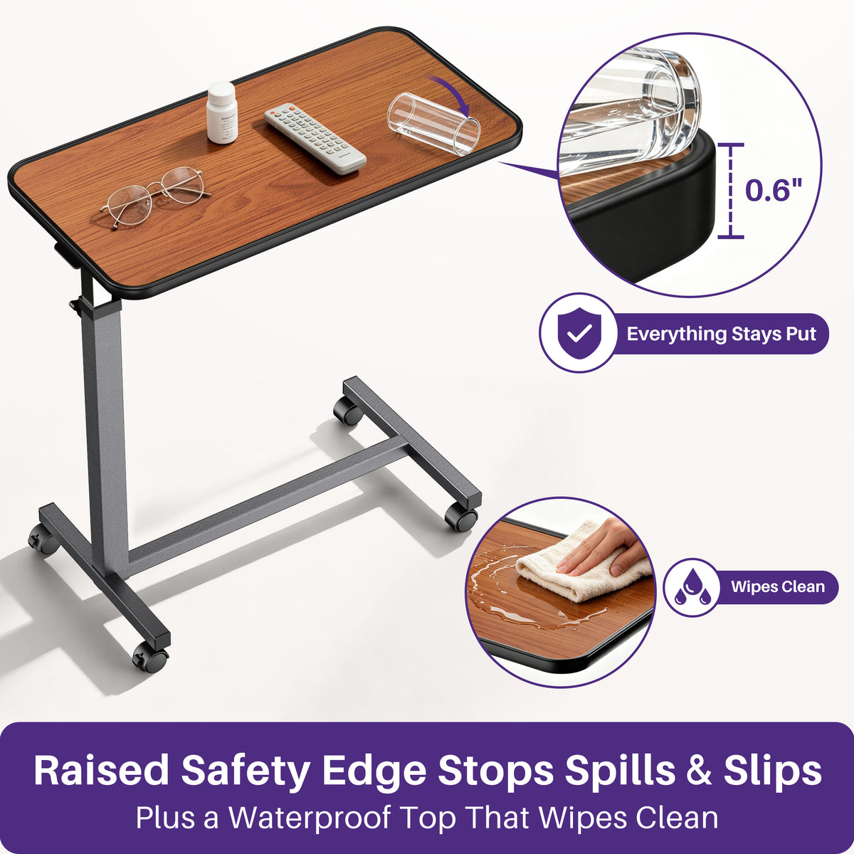 Kekoy Overbed Table with Wheels, Easy Height Adjustable Bedside Table for Bed for Elderly, Rolling Bed Tray Table for Eating & Reading, Stable Support for Medical Home Care and Hospital Use