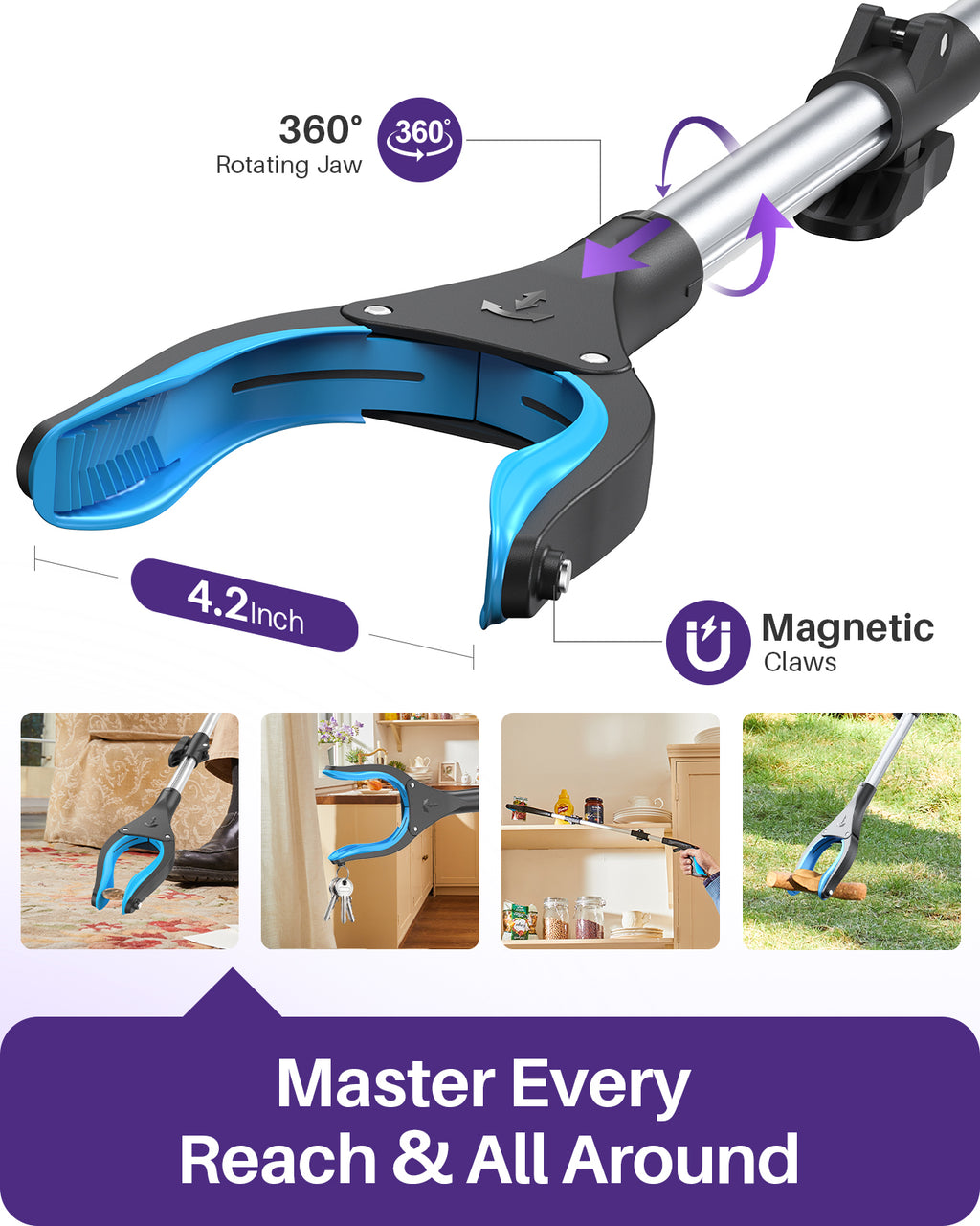 44 Inch Grabber Reacher Tool for Seniors 2 Pack, Foldable Reacher Grabbers Pickup Stick with Anti-Slip 360° Rotating Jaw, 4" Wide Extended Claw with Magnet for Disabled, After Surgery Recovery