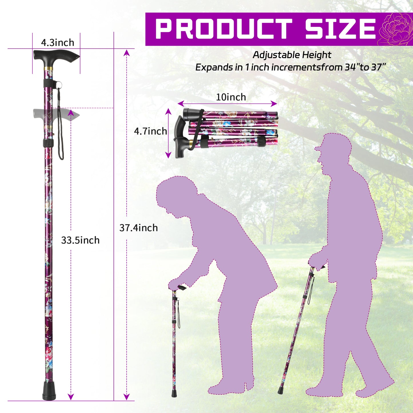 KEKOY Walking Cane for Women, 34" to 37" Height Adjustable Walking Stick, Portable T-Handle Folding Cane with 2 Replaceable Cane Tips, Mobility & Daily Living Aids