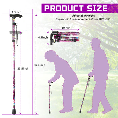 KEKOY Walking Cane for Women, 34" to 37" Height Adjustable Walking Stick, Portable T-Handle Folding Cane with 2 Replaceable Cane Tips, Mobility & Daily Living Aids